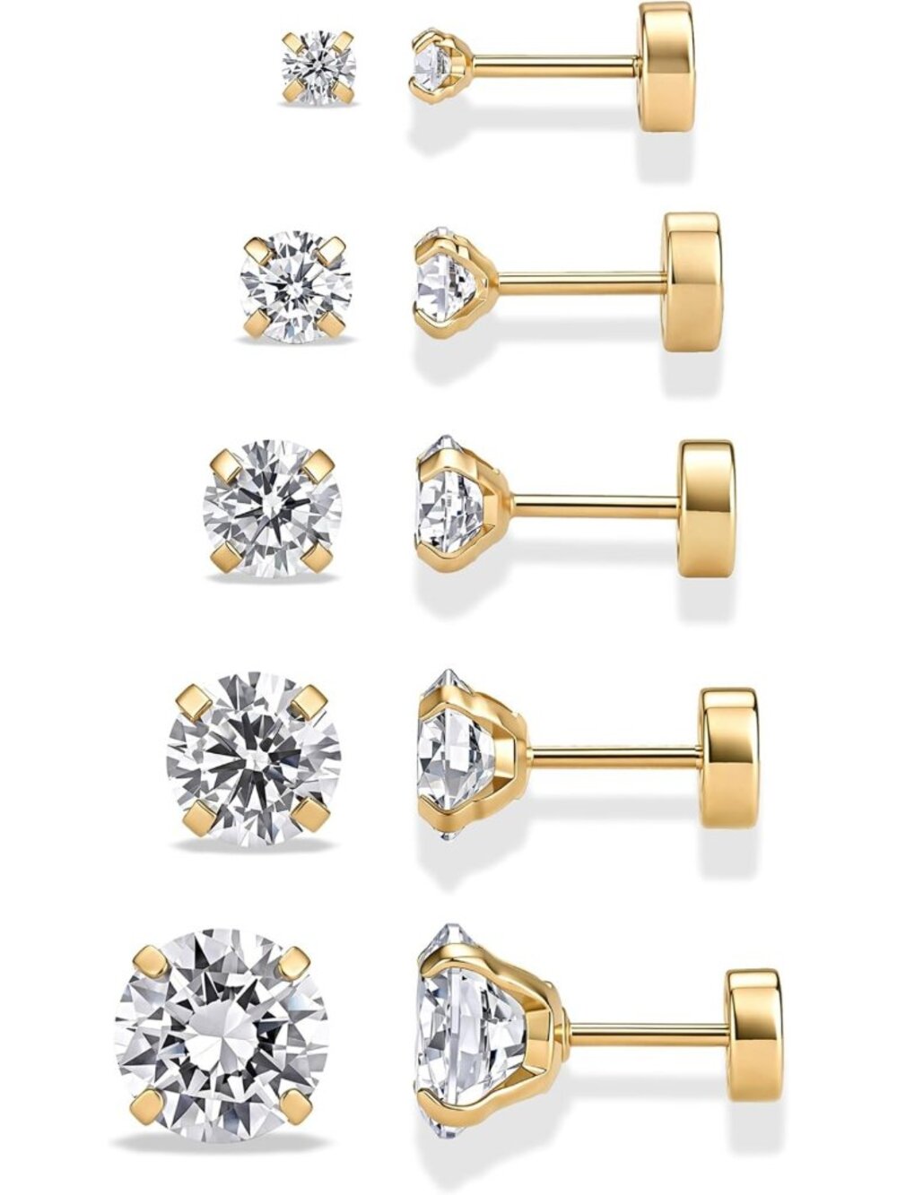 Waterproof CZ Stud Earrings Set for Women - 14K Gold Plated, 5 Pairs